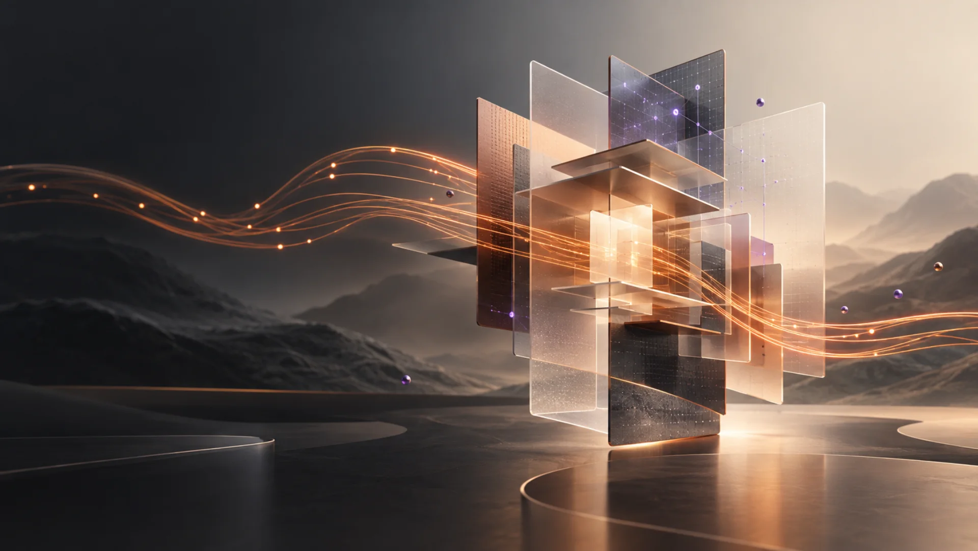 Original LAYSO editorial illustration of connected translucent planes and warm signal paths representing fast, efficient AI reasoning