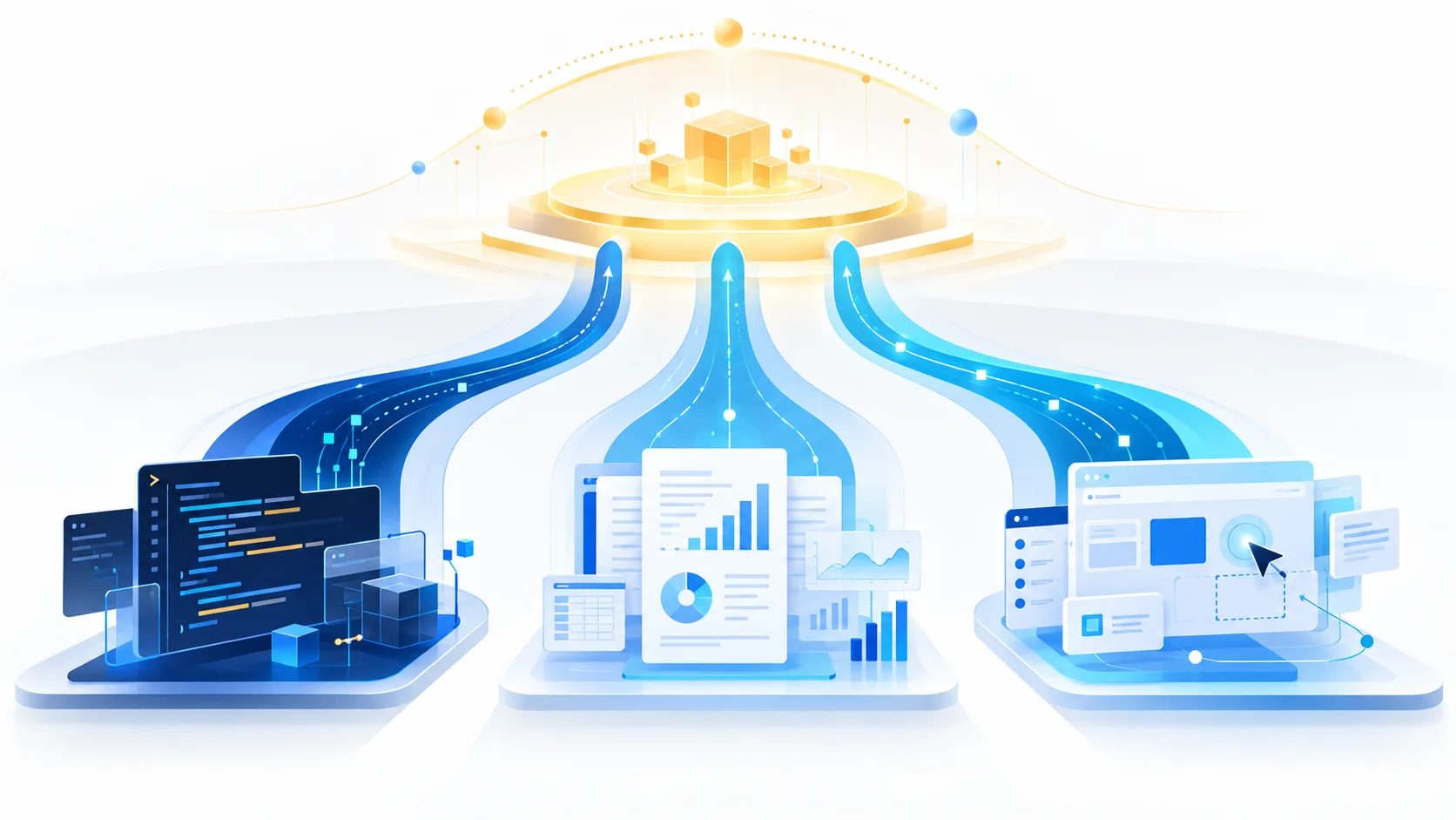 Three visual lanes representing coding, professional analysis, and computer-use workflows converging into a higher capability tier