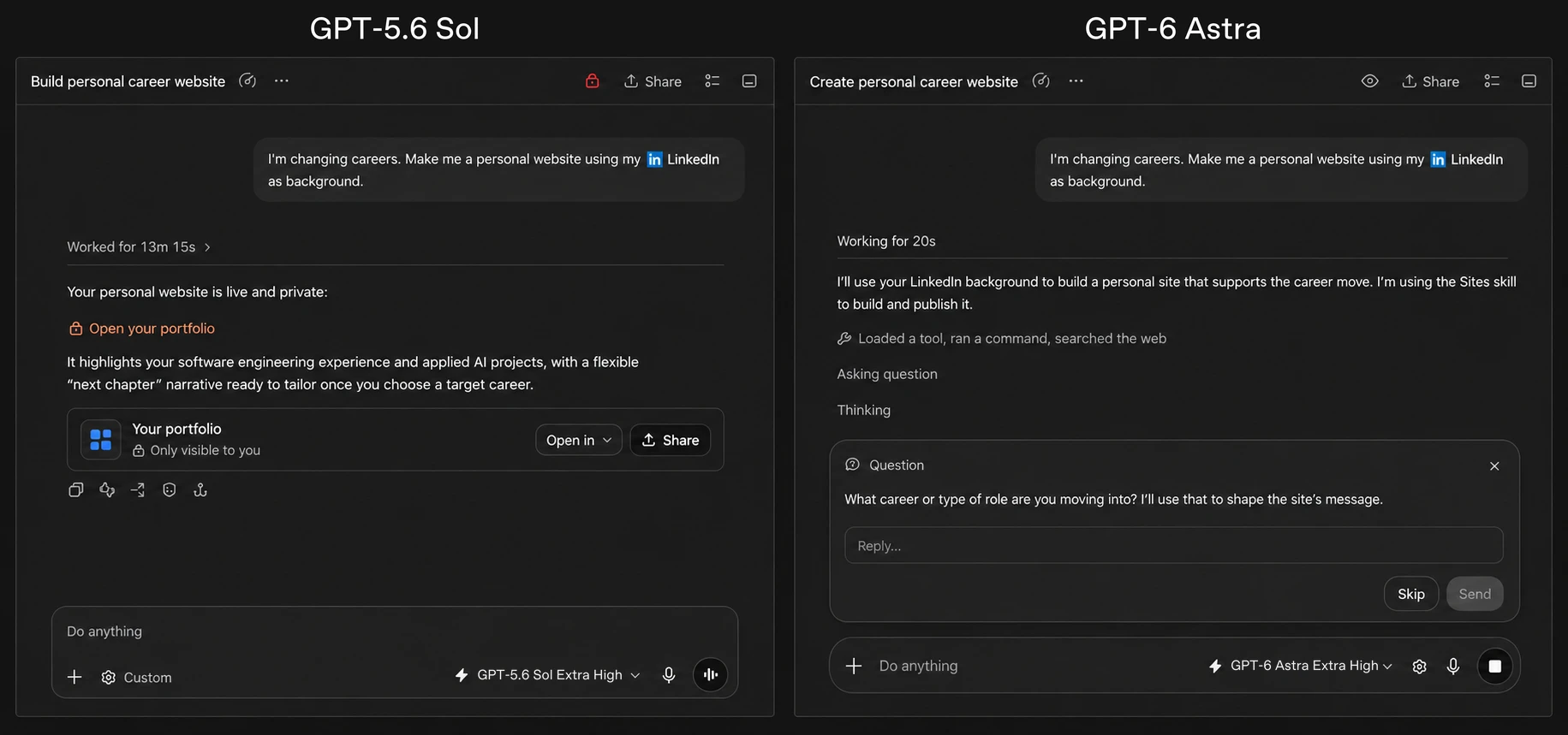 Official comparison of GPT-5.6 Sol and GPT-6 Astra responding to a personal career website request
