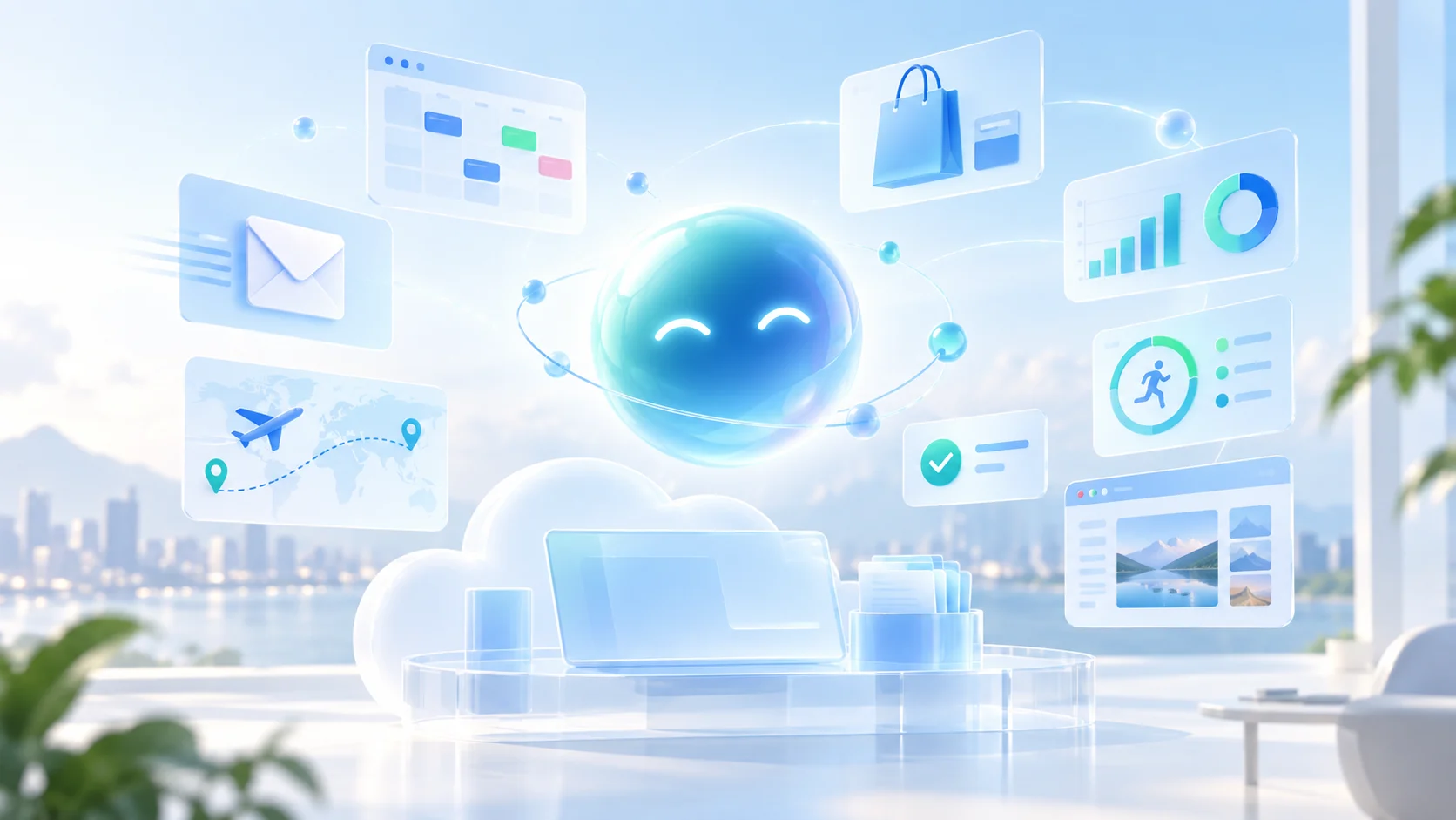 Original concept art of a personal AI agent connecting email, calendar, travel, shopping, and a cloud computer