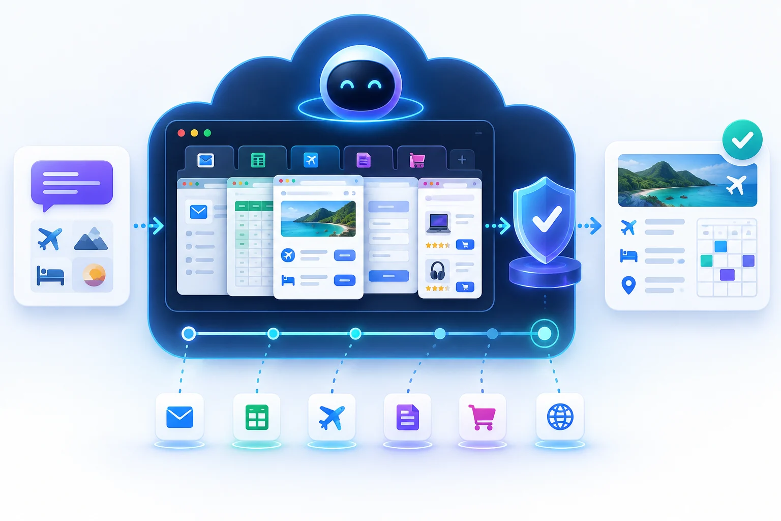 Original workflow illustration of an AI agent completing web, travel, spreadsheet, shopping, and approval tasks in a secure cloud computer